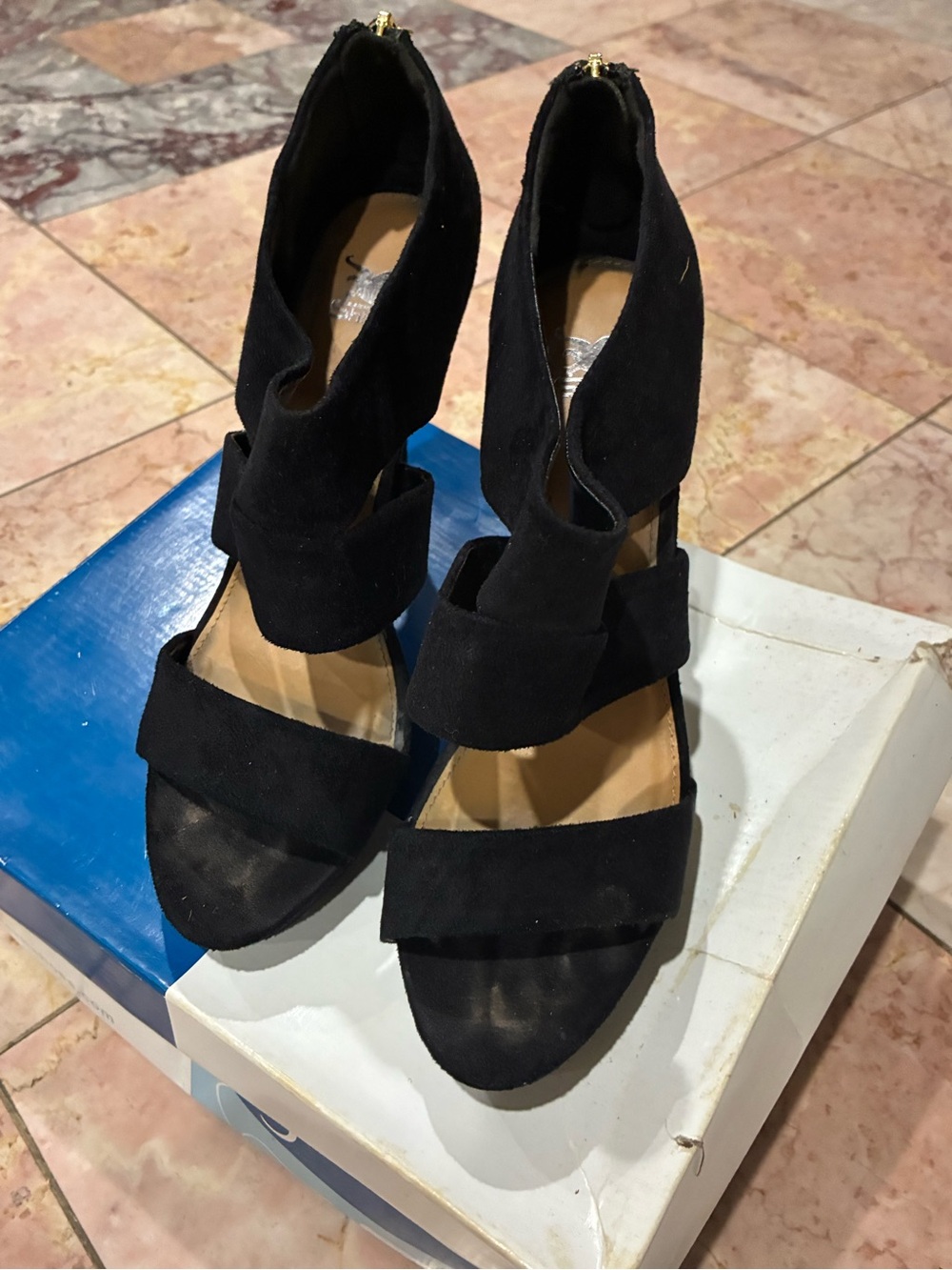 Black Suede Strappy High Heel Sandals - Women